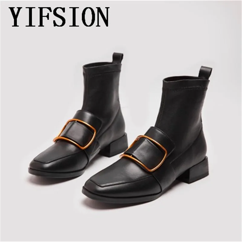 YIFSION/Новые черные женские ботильоны из натуральной кожи без шнуровки, женские демисезонные ботинки с круглым носком и металлическими