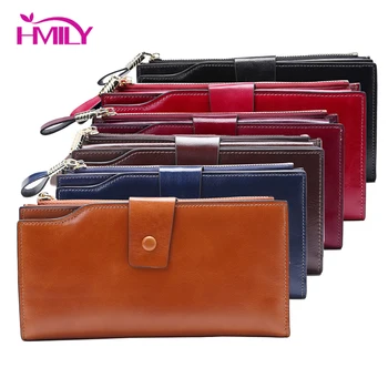 

HMILY Long Women Wallets Real Genuine Leather Clutch Money Bag Female Luxury Hasp Wallets Purse Ladies Cowskin Card Holder