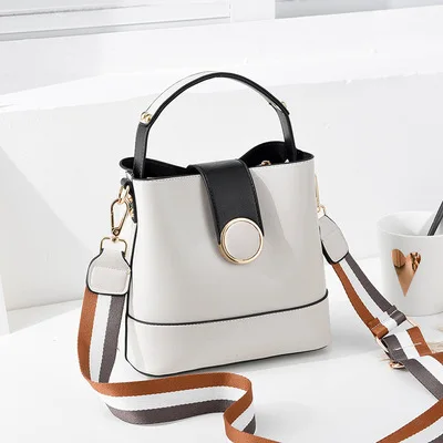  Striped Wide Shoulder Strap Women Bucket Bag Solid Color Buckle Handbag Fashion Simple Shoulder Bag - 33011905054