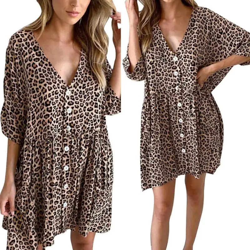 

2019 Fashion New Women Ladies Leopard Print V Neck Button Sundress Holiday Loose Mini Tunic Dress Tops