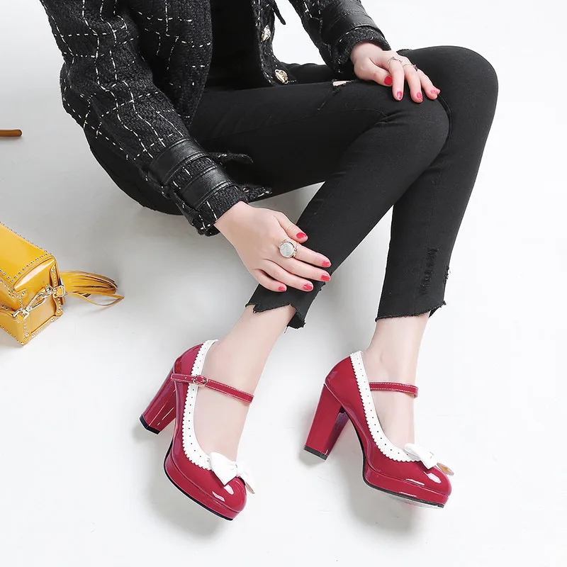 Karinluna/женские туфли Mary Jane с бантиком г. Женские винтажные туфли-лодочки на платформе с не сужающимся книзу высоким массивным каблуком Большие размеры 32-43