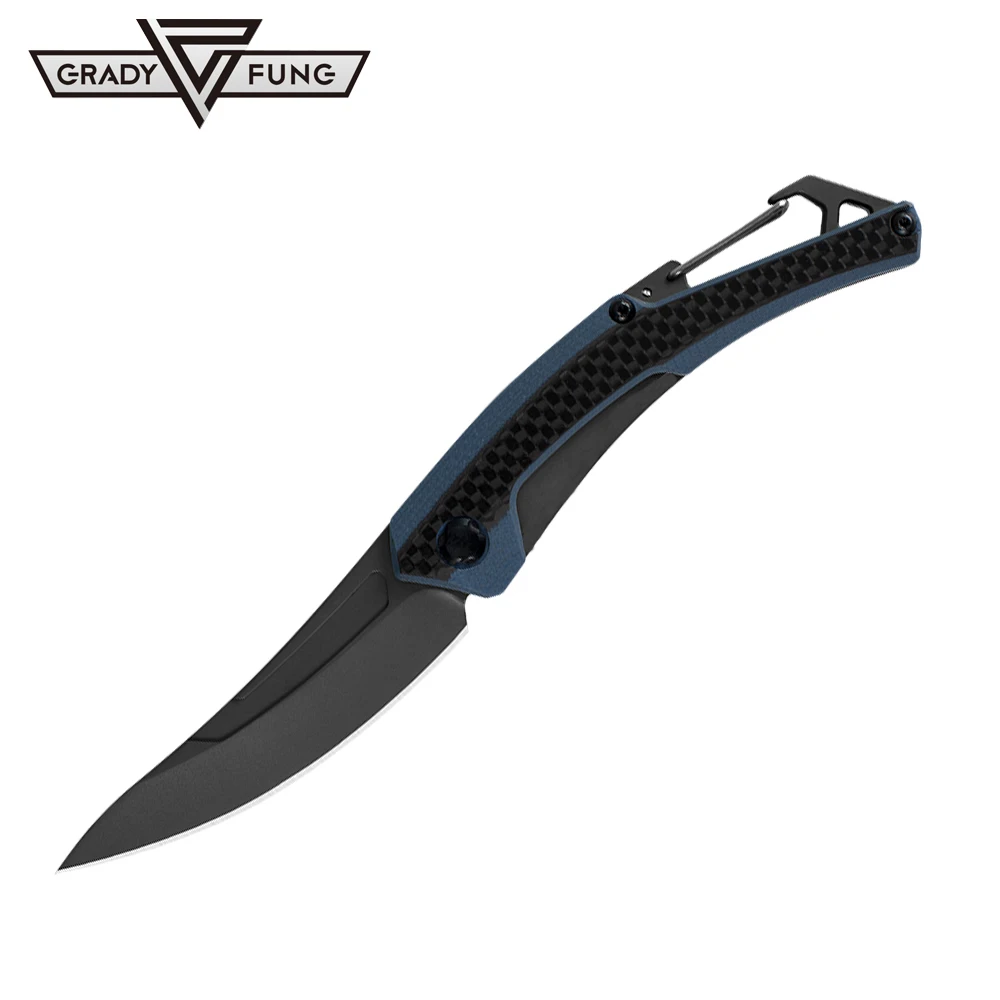 

Grady Fung OEM 1225 Reverb XL Carabiner Handle Folding Knife 8cr13mov Gray Blade Blue G10+Carbon fiber+Steel Handle Pocket EDC