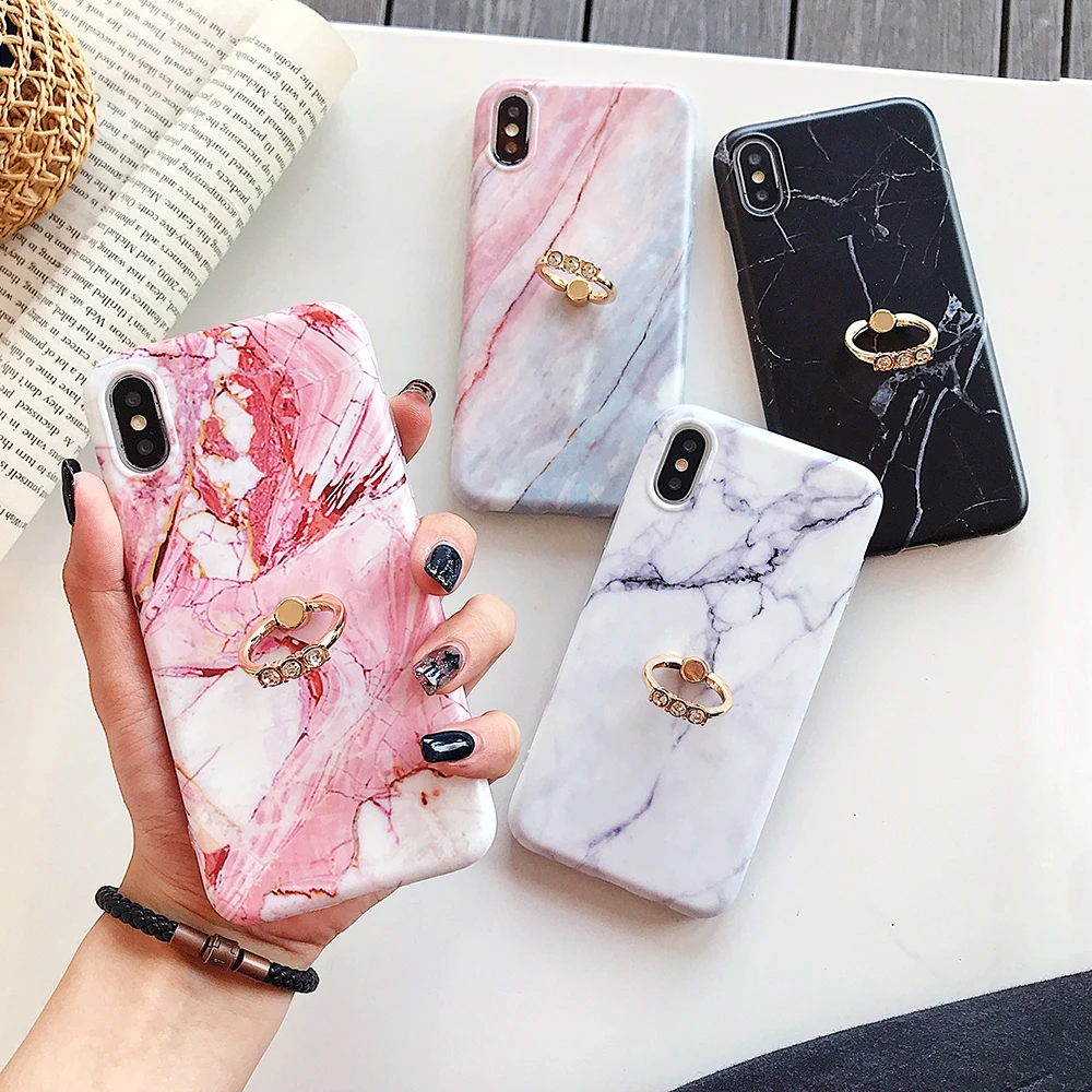 

LOVECOM Classical Marble Phone Case For iPhone XR XS Max 6 6S 7 8 Plus X Soft IMD Phone Back Cover With Crystal Finger Ring