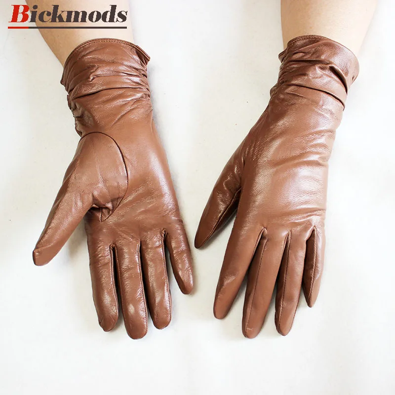 Red-brown Перчатки из овечьей кожи женские классические эластичные стильные тонкие шерстяные накладки весенние и осенние уличные Женские варежки из овчины для вождения - Цвет: Red-brown