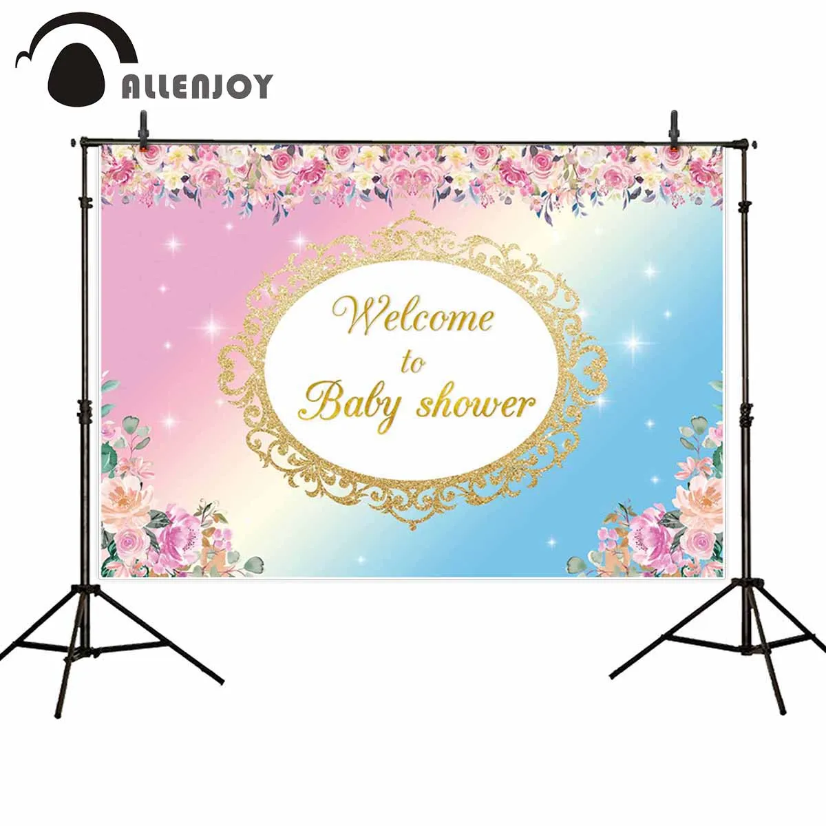 

Allenjoy backgrounds for photography studio Pink blue gradient flower glitter gold border baby shower backdrop baptism photocall