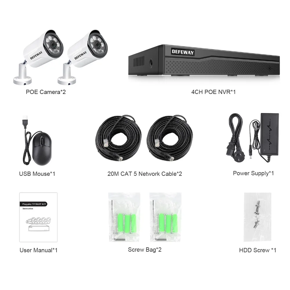 Система видеонаблюдения DEFEWAY HD 1080P NVR 4 канала POE 2 шт. 2000 ТВЛ 100 футов ночное видение