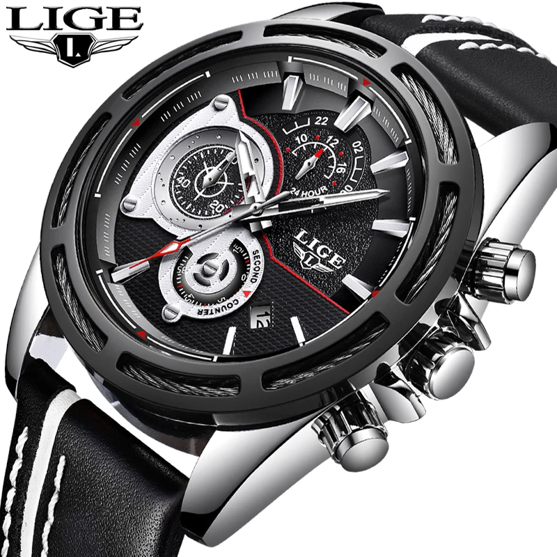 

New LIGE Mens Watches Top Brand Luxury Mens Military Sport WristWatch Mens Leather Waterproof Quartz Watch Relogio Masculino+Box
