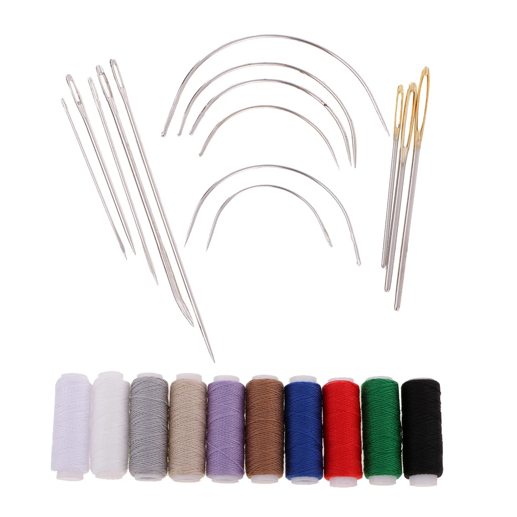 14 Pieces Sewing Needles for Carpet Leather Curved Canvas + 10 Colors Hand/Sew Machine Polyester Threads ( Total 24 Pieces )