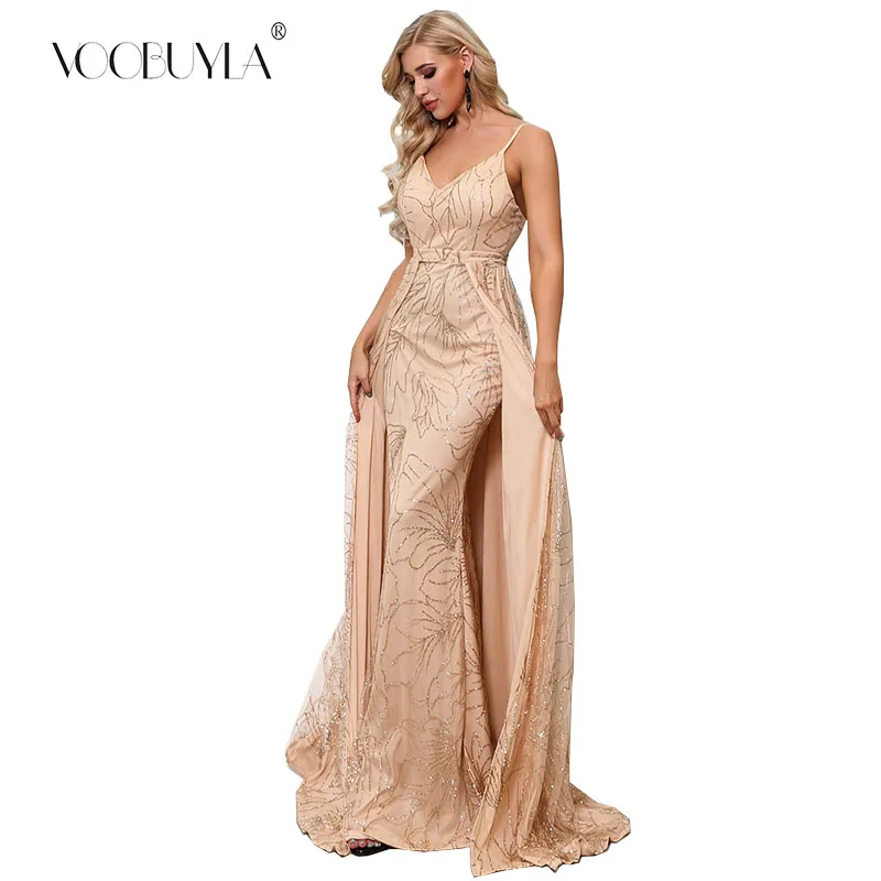 

Voobuyla 2019 Women Sexy V Neck Off Shoulder Backless Glitter Sequined Dresses Female Elegant Party Gold Maxi Dress Vestdios