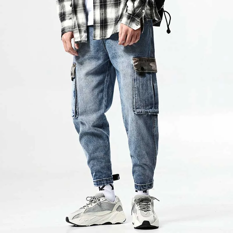 

New Fashion Men Cargo Jeans Loose Baggy Washed Denim Pants Patchwork Joggers Trousers Blue Plus Size Streetwear Man Clothing
