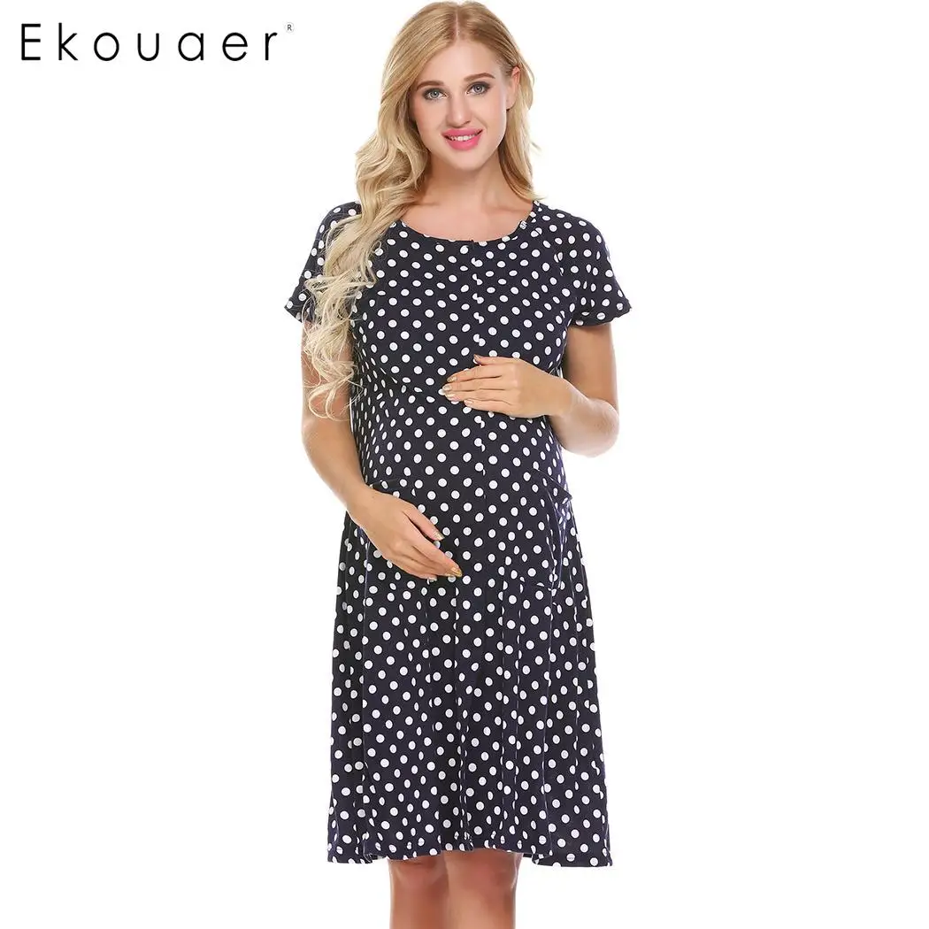 Ekouaer Women Maternity Nightgown O Neck Short Sleeve Button Front ...