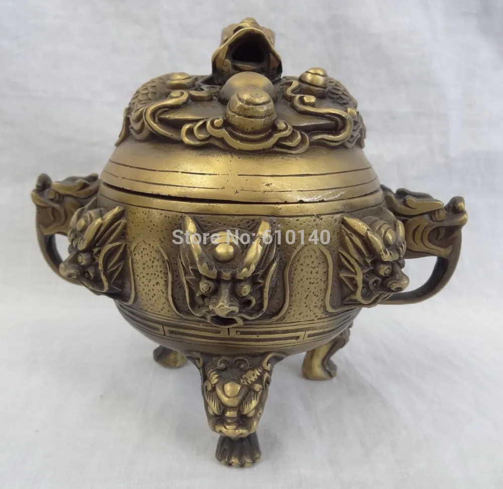 

Chinese Bronze Wealth FengShui Dragon Head Ball Statue Incense Burner Censer