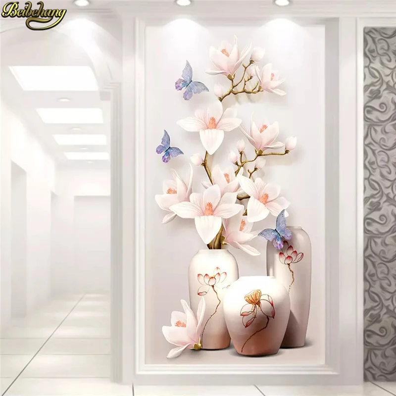 

beibehang Custom wallpaper mural 3D magnolia embossed vase flower arrangement Xuanguan aisle decorative painting papel de parede