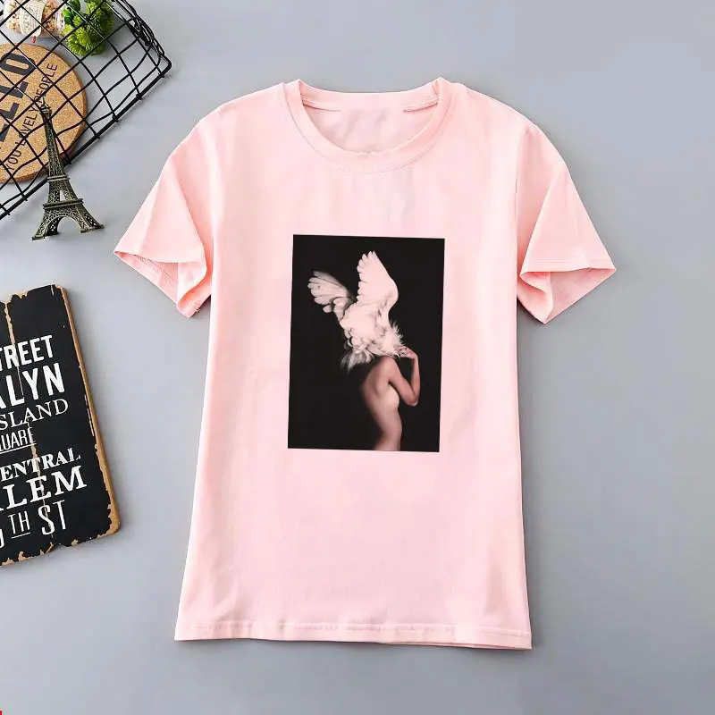 

Vogue Kawaii T Shirt Women Sexy Flowers Feather Aesthetic Printed T-shirt Summer Fashion Tumblr Ulzzang Harajuku T Shirt Women