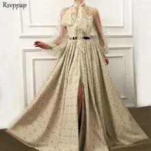 Длинные вечерние платья Реальные образцы прозрачного телесного цвета с длинным рукавом с высоким разрезом abendkleider дамы шампанского Формальное арабское вечернее платье