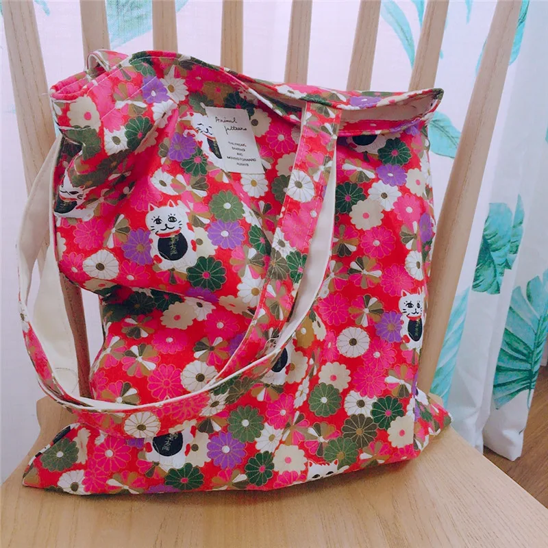 Хлопок Ткань эко хозяйственная сумка наплечная печать Маргаритка цветок кошка многоцветная ZJ
