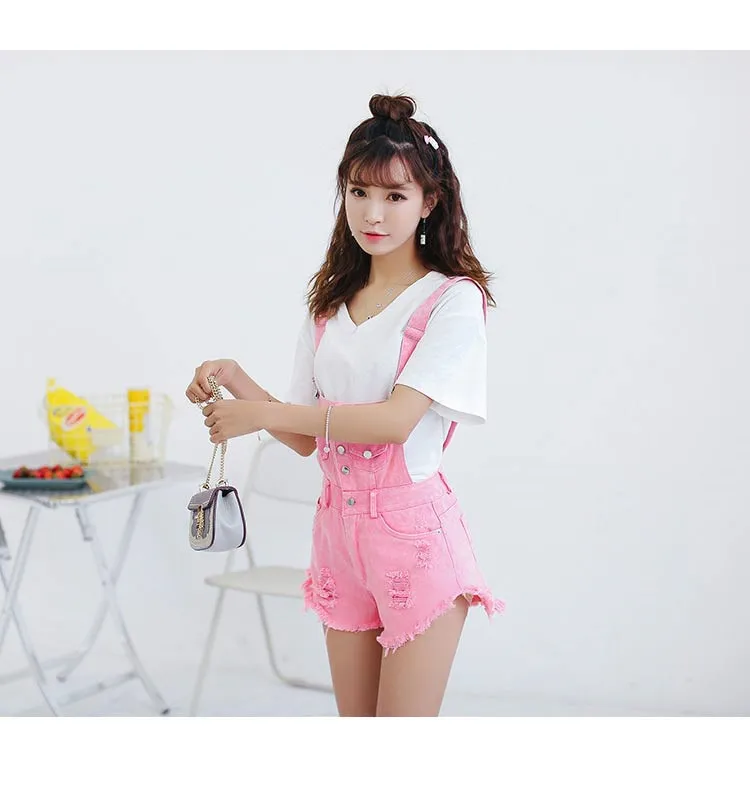 Denim Bibs Schoolgirl 2018 Spring New Loose Korean Thin Thin hole Flashes Fringe Shorts (14)