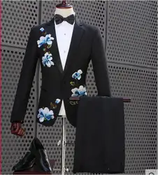 Большие размеры большие цветы вышитые черная куртка брюки комплект роскошный мужской костюм Блейзер костюм ночной клуб для мужчин певица