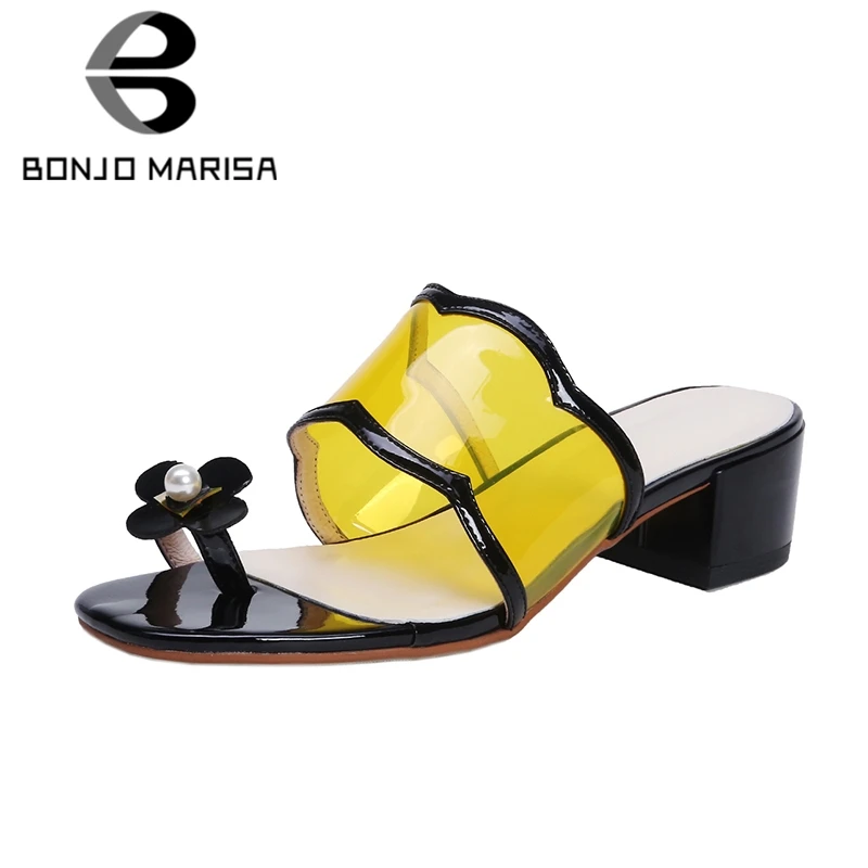 

BONJOMARISA 2019 New Cow Leather Sweet Mixed Colors Mules Women Summer Sheepskin Insole High Heels Slippers Women Shoes Woman