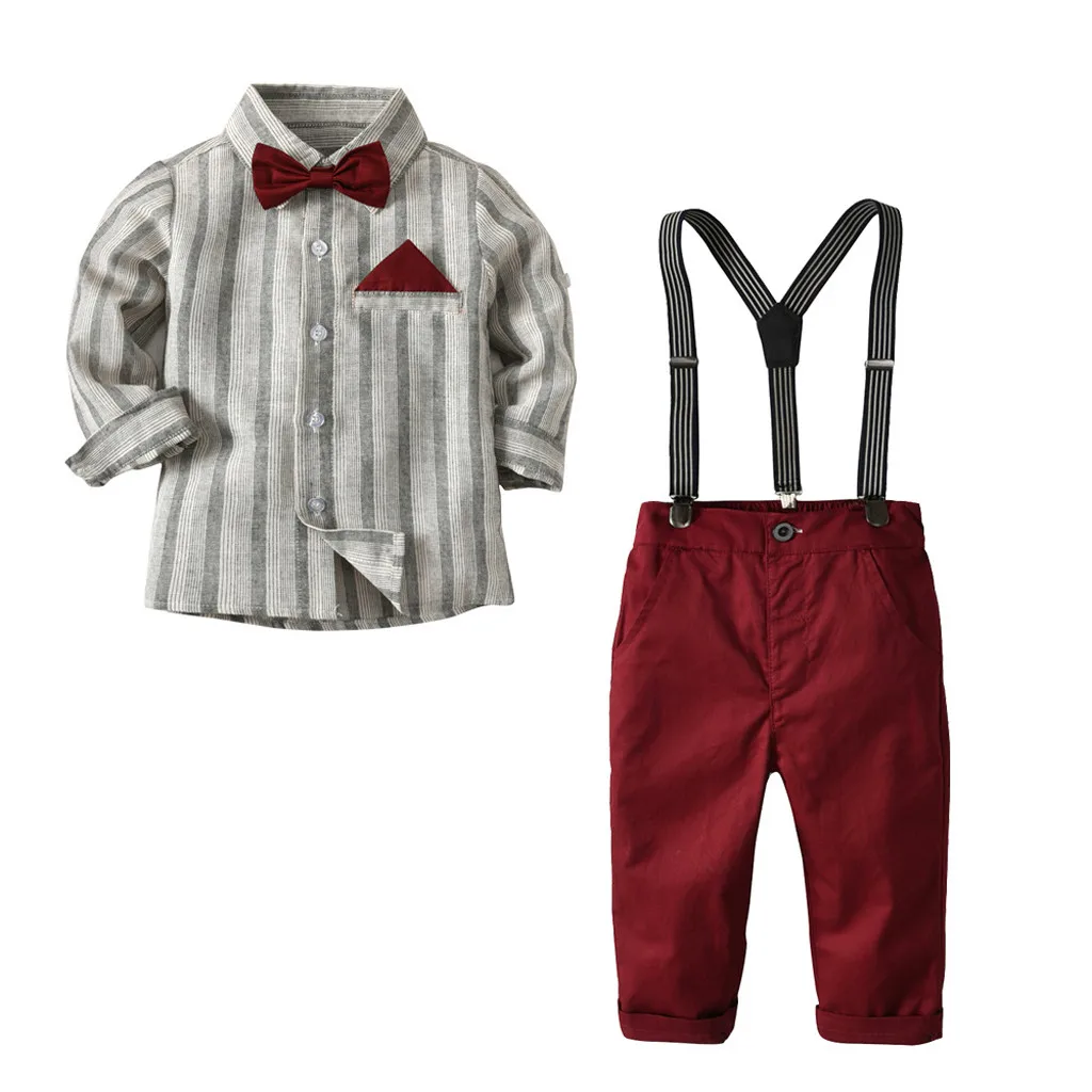 Комплект для маленьких мальчиков, Весенняя модная детская одежда для мальчиков, одежда в полоску с длинными рукавами+ штаны на подтяжках, комплект одежды для малыша - Цвет: gray