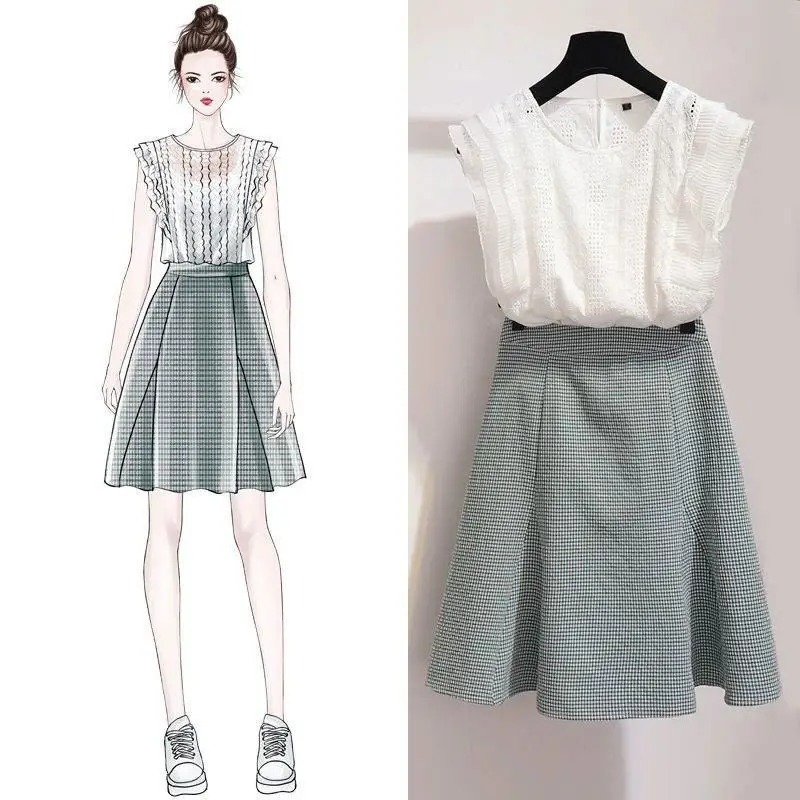 

2019 New Summer Women Sweet Two Pieces Set Girl Sleeveless Tops And Solid Skirts Sets Ladies Vintage Fashion Slim Suits F11