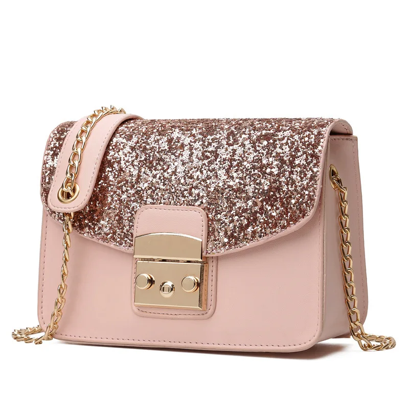 

Women Messenger Bag With Sequined Quality Leather Women's Flap Bag Chain Strap Female Shoulder Bag Lay Crossbody Bags