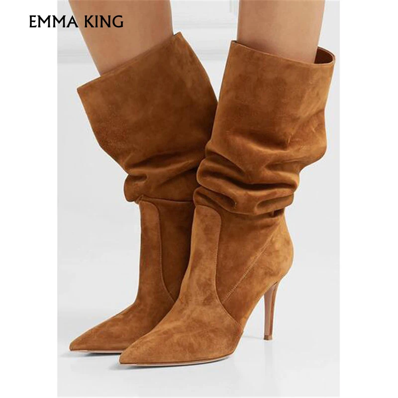 

Spring/Autumn NEW Pleated Knee High Boots Suede Slip-On Botas Mujer2019Pointy Toe Casual Heels Ladies Fashion Party Shoes Woman