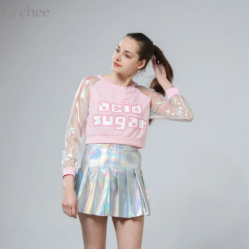

Lychee Punk Style Summer Women Harajuku Skirt Holographic Hologram Metallic Skirt Silver Pleated Mini Skirt Saia
