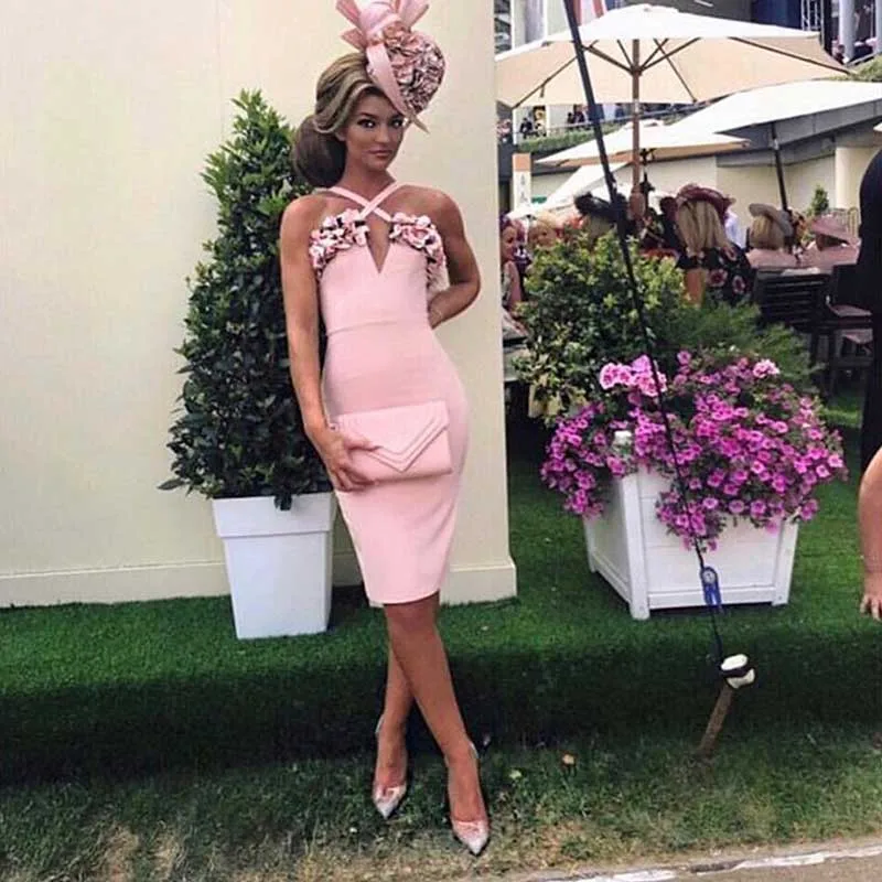 Новейший женский розовый узкий ремешок v-образный вырез цветочное украшение для ночного клуба Бандажное платье знаменитостей