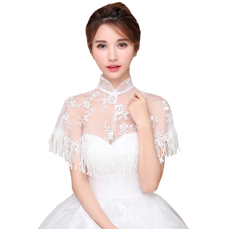 High Collar Lace Bridal Wraps Shawl With Tassel Trim Elegant Women Evening Stole Party Cape Bolero Bride Wedding Jackets Wrap