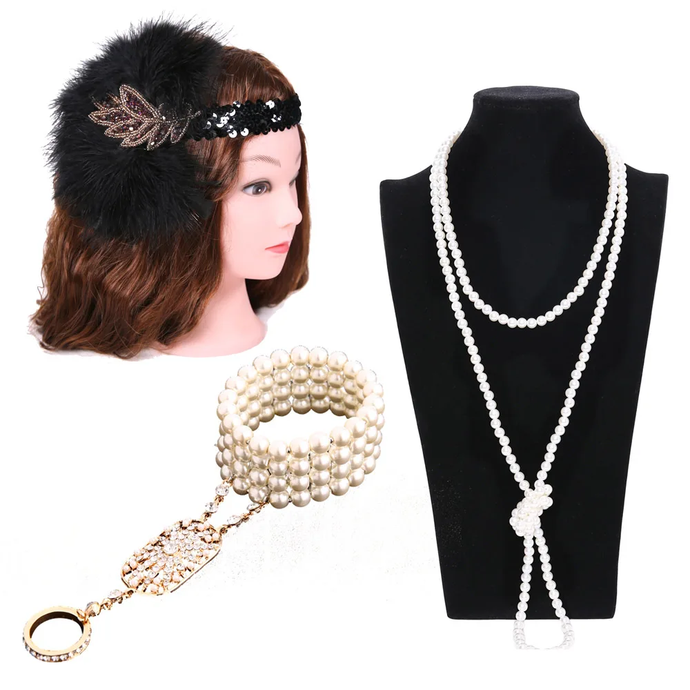 SET-8 Набор аксессуаров для женщин 1920 s, повязка на голову, ожерелье, браслет, комплект из 3 предметов - Цвет: SET-8