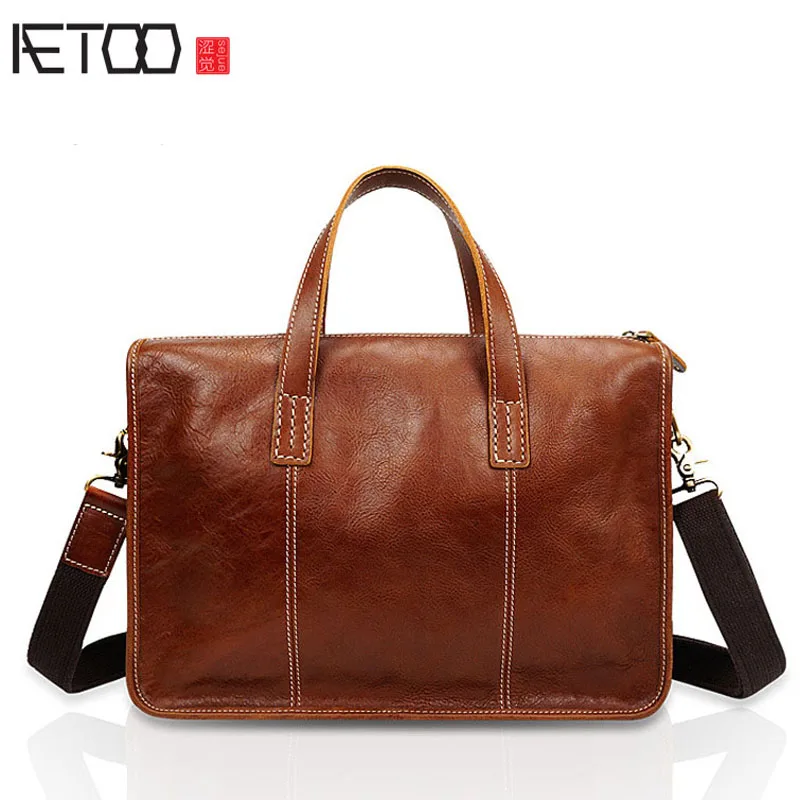 

AETOO Men's briefcase casual business first layer cowhide handbag male retro Messenger bag leather handbag male bag