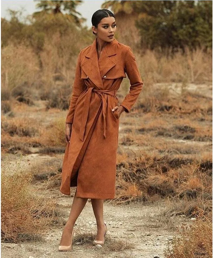 

2018 Fashion Hot Sale Adjustable Waist Wool&Blends Turn-Down Collar sexy women Celebrity Body Con X-long trench coat Wholesale