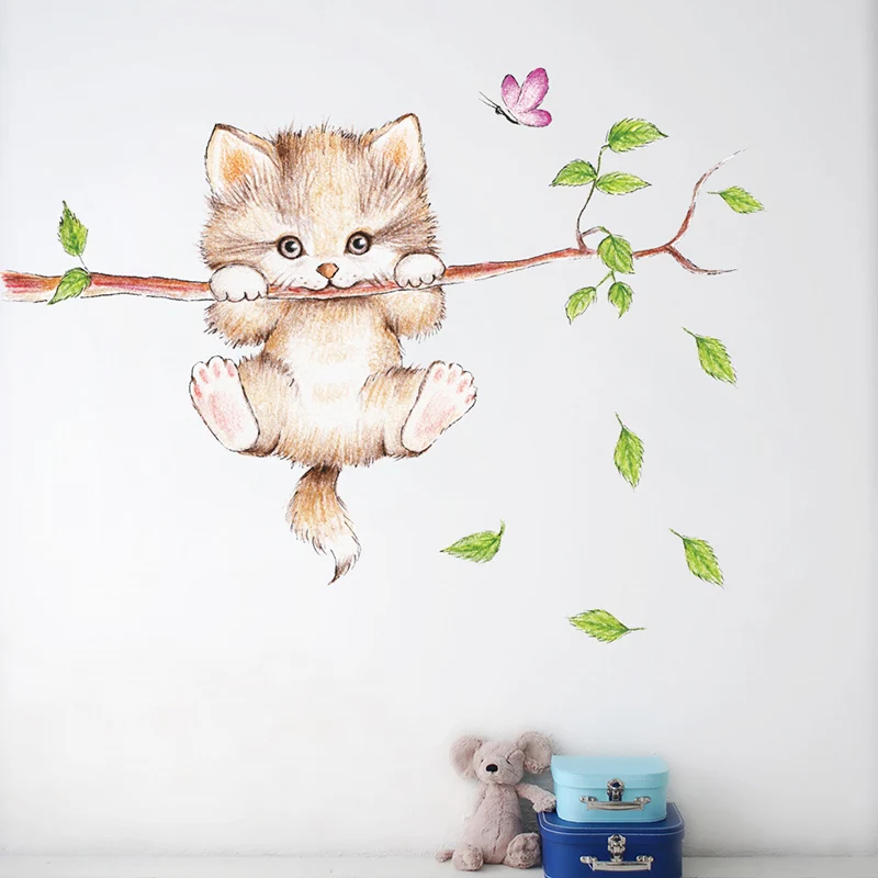 Lovely Kitten On Tree Branch Decorative Wall Stickers Home Living Room Decorations DIY Cartoon Cat Animals Decor Mural PVC Decal Lovely Kitten On Tree Branch Decorative Wall Stickers Home Living Room Decorations DIY Cartoon Cat Animals Decor Mural PVC Decal