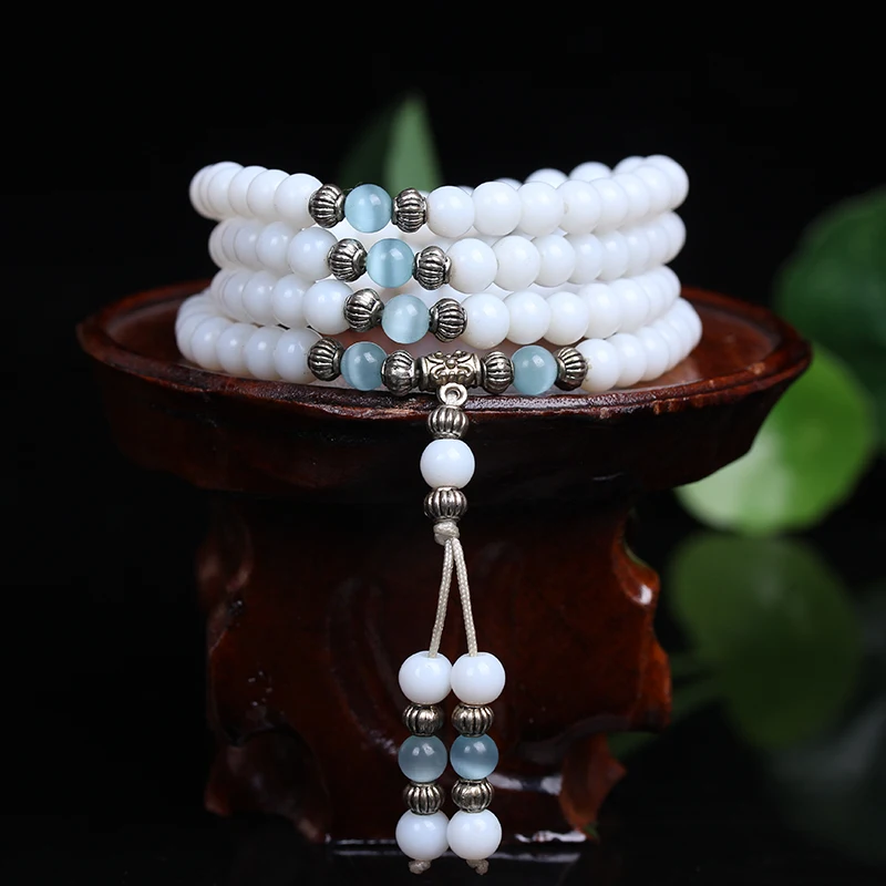 

Fashion 6mm White Chalcedony Beaded Stone Tibetan Buddhist 108 Prayer Beads Necklace Gourd mala Prayer Bracelet for Meditation