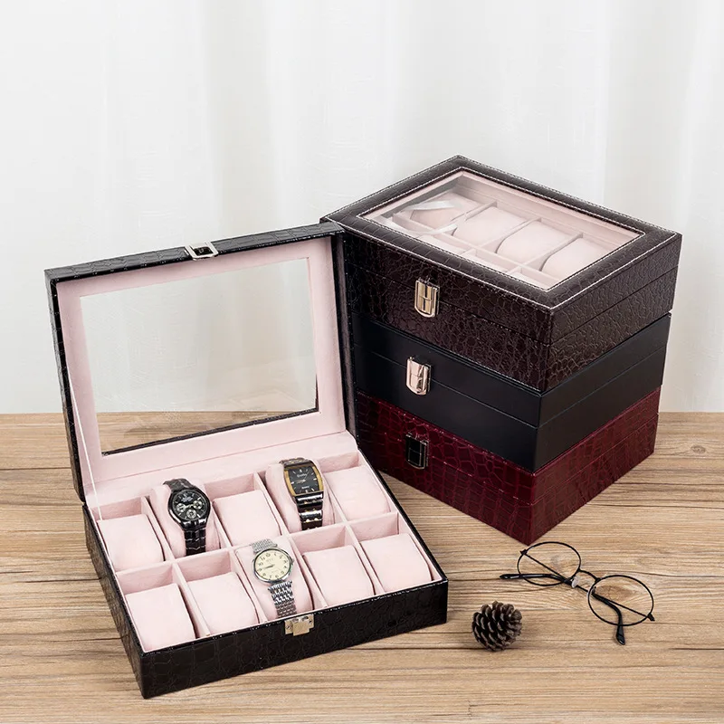 

Alligator Pattern Leather Watches Displayer Box Luxury PU 10 Grids Watches Orgainzier Displayer With Window For Men Jewelry Box