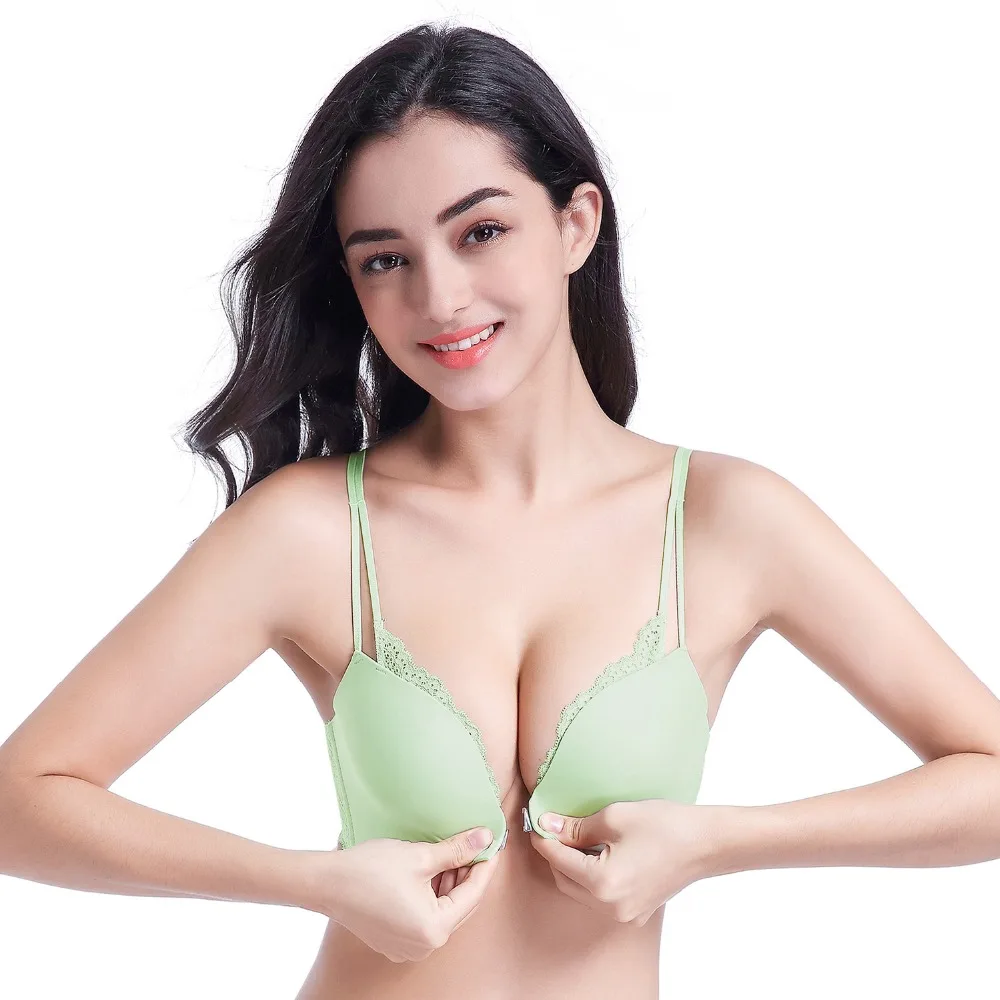 Front Closure Seamless Wireless Bra For Women Push Up Sexy Lace Cotton 