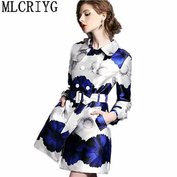 

2019 New Spring Autumn Trench Coat for Women Long Slim Women's Windbreaker With Belt Floral Printing Trench Female Clothes YQ182