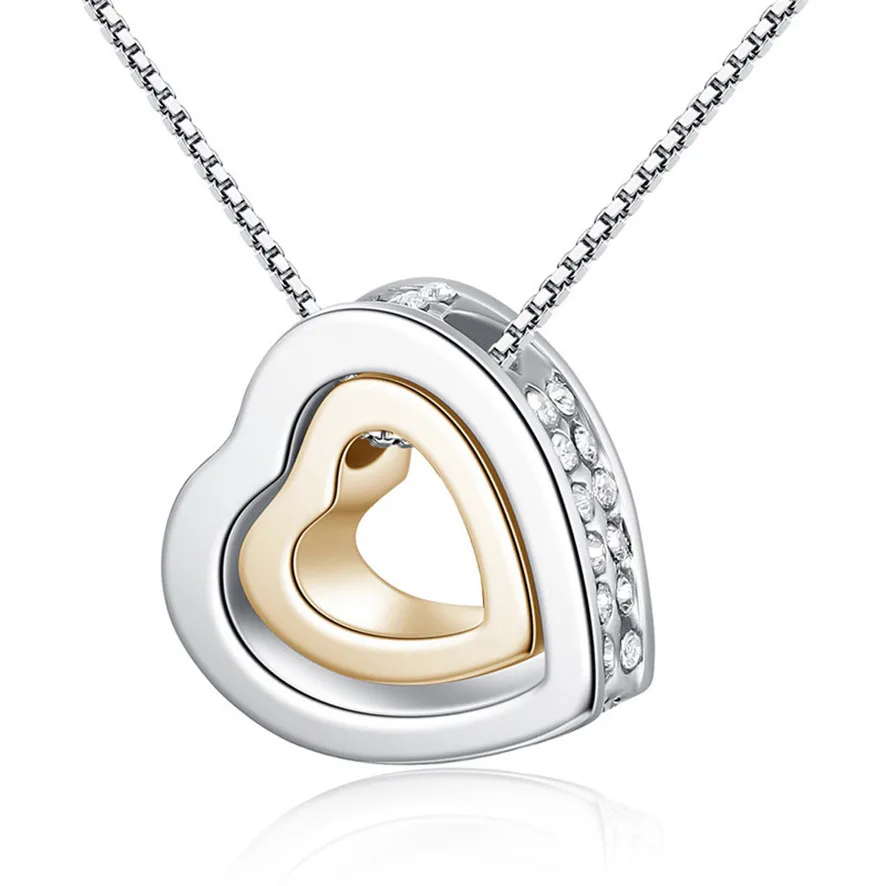

2018 women choker necklaces pendant Double Heart Crystal Rhinestone Eternal Love Silver Necklace 1040#1