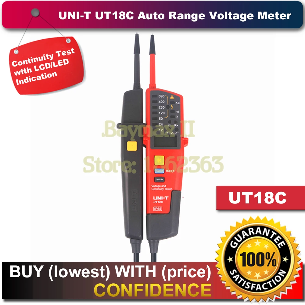 

UNI-T UT18C Auto Range Voltage meter and Continuity Tester with LCD/LED Indication Date Hold RCD Test and No Battery Detection