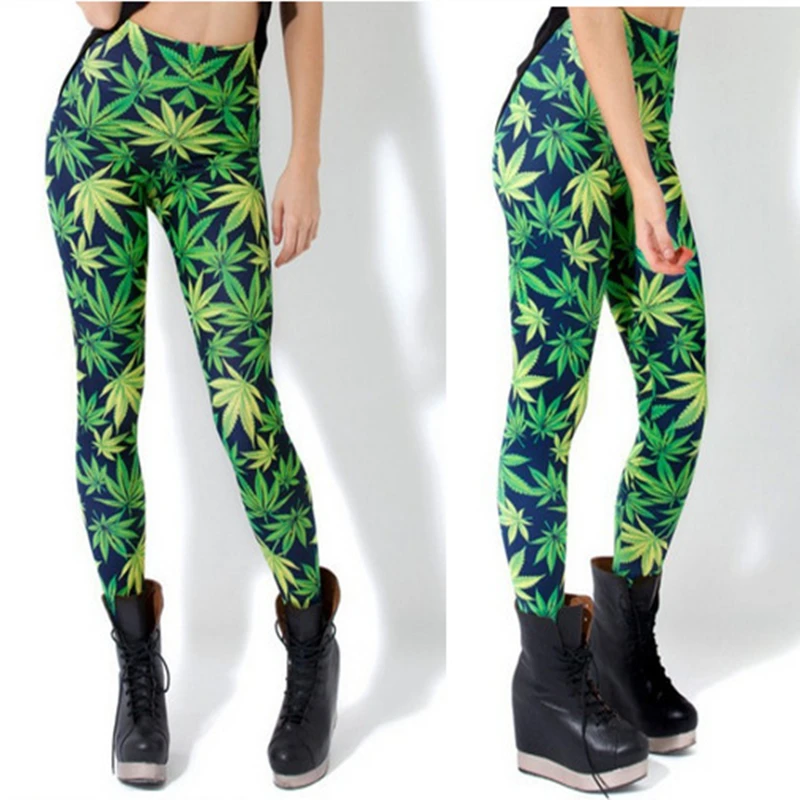 2016 Stretch Leggings Fashion Hemp Green Leaf Digital Printing Leggings Women s Pencil Pants Punkrock Legins