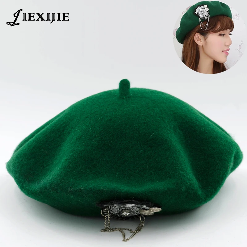 

jiexijie hot 100% wool Beret Female Winter Hats VIVI models riveted wool berets ladies painter hat rivet round cap for women's