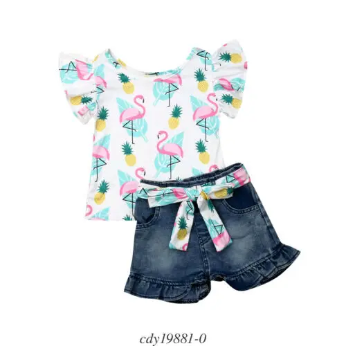 Летние повседневные топы с цветочным принтом для маленьких девочек, футболка джинсовые штаны, шорты, одежда