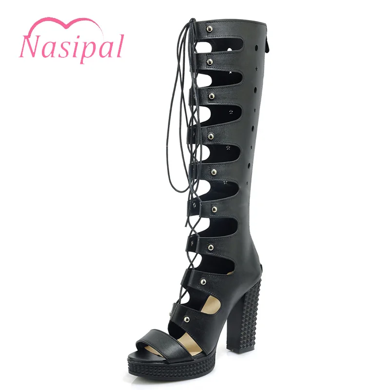 

Nasipal Women Lace Up Strappy Knee High Boots Gladiator Roman Sandals Open Toe Cut Out Rivets Punk Shoes Sandalias Mujer C672