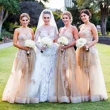 Hot Cheap Champagne Long Bridesmaid Dresses 2016 Lace Appliques Tulle Wedding Party Guest Gowns Formal Dresses Women Vintage
