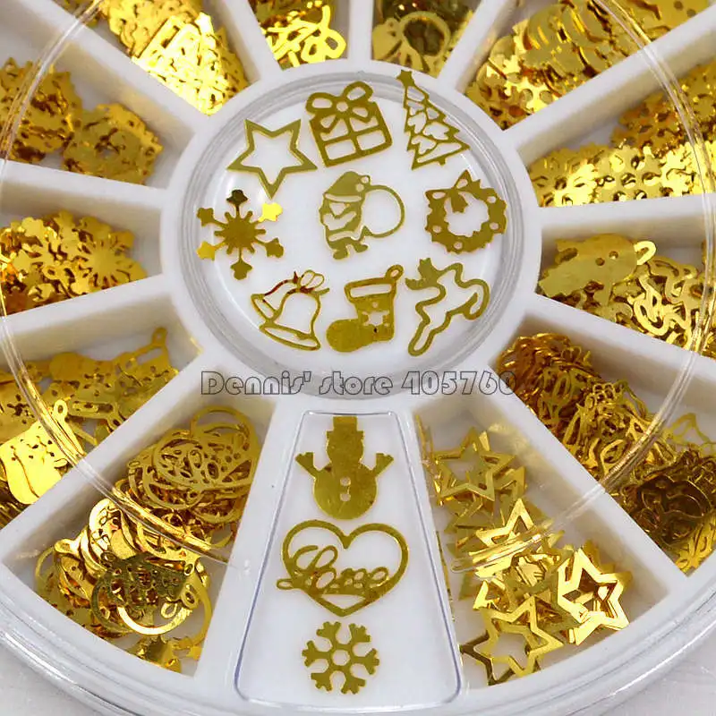  Mix Merry Christmas Element X'mas Tree Bell Elk Santa Claus Snowman Snowflake Metallic Nail Art Seq