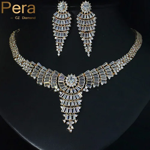 

Pera Luxury African Women Wedding Jewelry Sets Sparkling Gold Color Long Big Exaggerated Necklace Earrings With CZ Stone J063