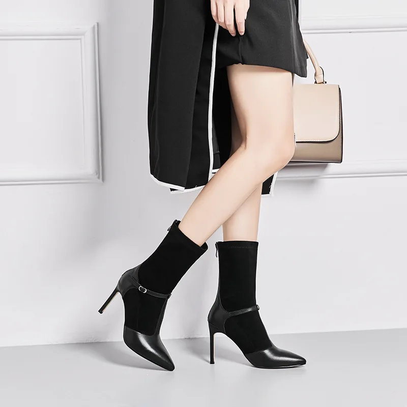 

2019 Spring Fashion New Pointed High-heeled Stitching Stretch Cloth Solid Color Buckle Simple Ladies Leather Boots