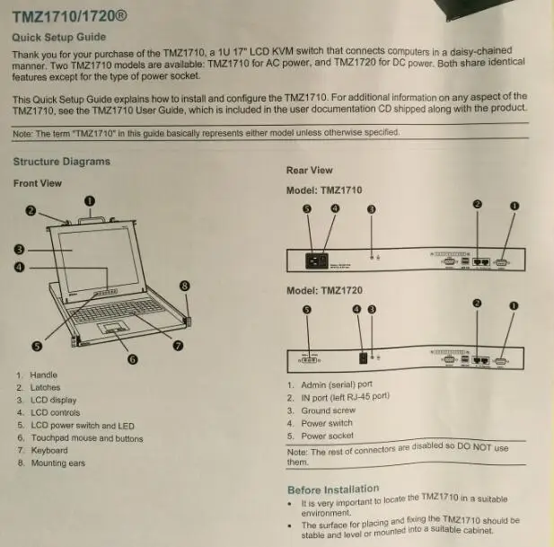 TMZ1720, Раритан KVM, 1U крепление устройства переключения, 17 "TFT ЖК-дисплей, клавиатура, тачпад, 4 в 1, Поддержка вход питания постоянного тока