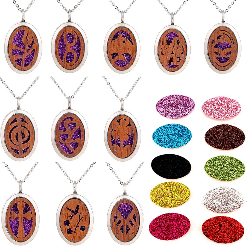 

Oval Wooden Locket Necklace Essential Diffuser Magnetic Locket 50cm Steel Chain Perfume Aromatherapy Pendant Necklace